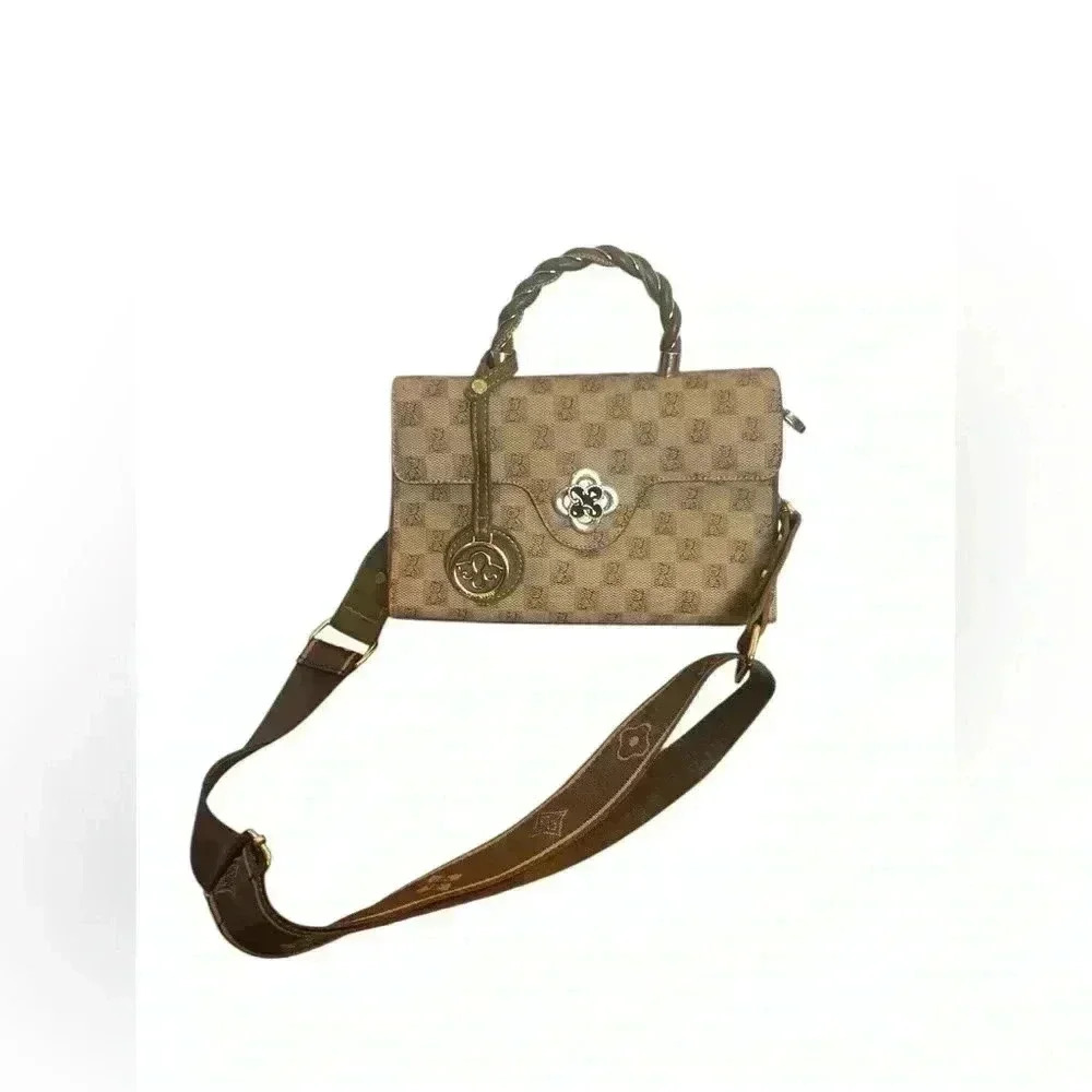 Beibaobao Tan Brown‎ Bear Print Handbag Shoulder Bag Charms Flower Twist Close